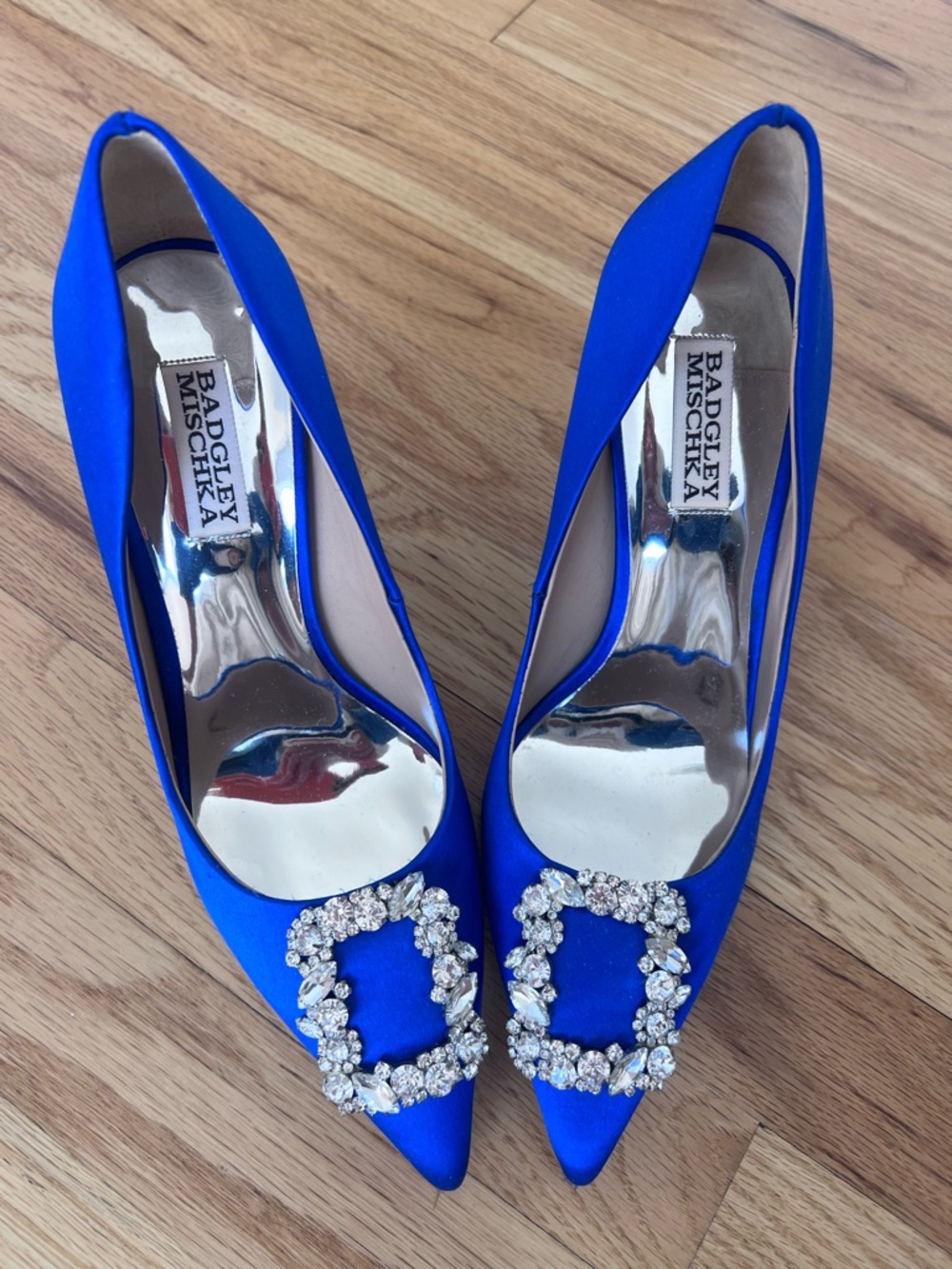 Badgley Mischka Cobalt Blue Satin Pointed Toe Heels with Crystal Buckles